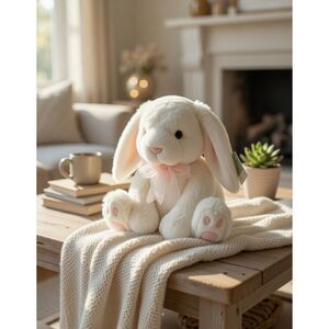 Russ Berrie Powder Puff White Bunny Rabbit Plush Pink Ears Easter Stuffed Animal